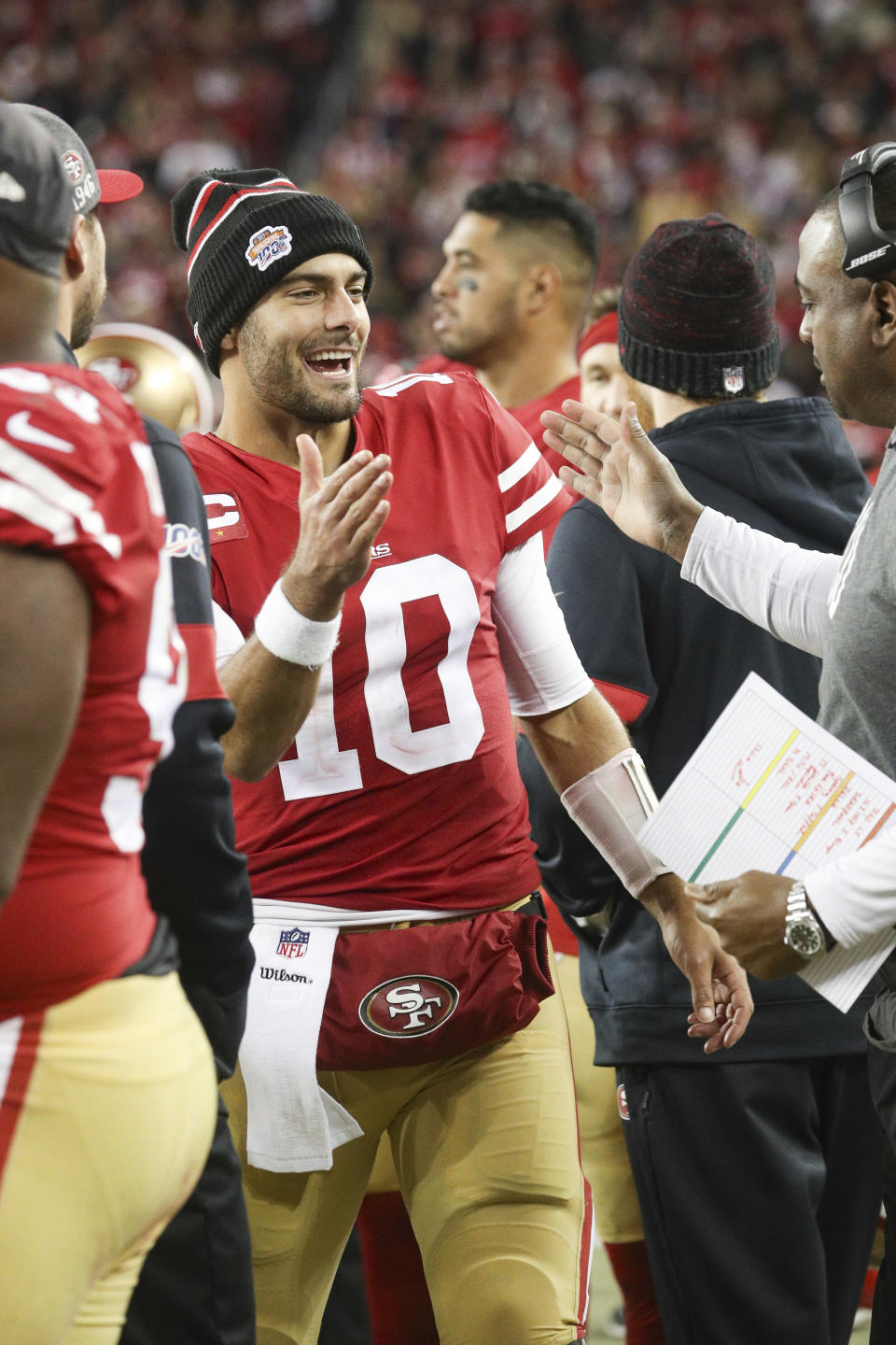 San Francisco 49ers quarterback Jimmy Garoppolo (10) celebrates a win in the NFL NFC Championship football game against the Green Bay Packers, Sunday, Jan. 19, 2020 in Santa Clara, Calif. The 49ers defeated the Packers 37-20. (Margaret Bowles via AP)