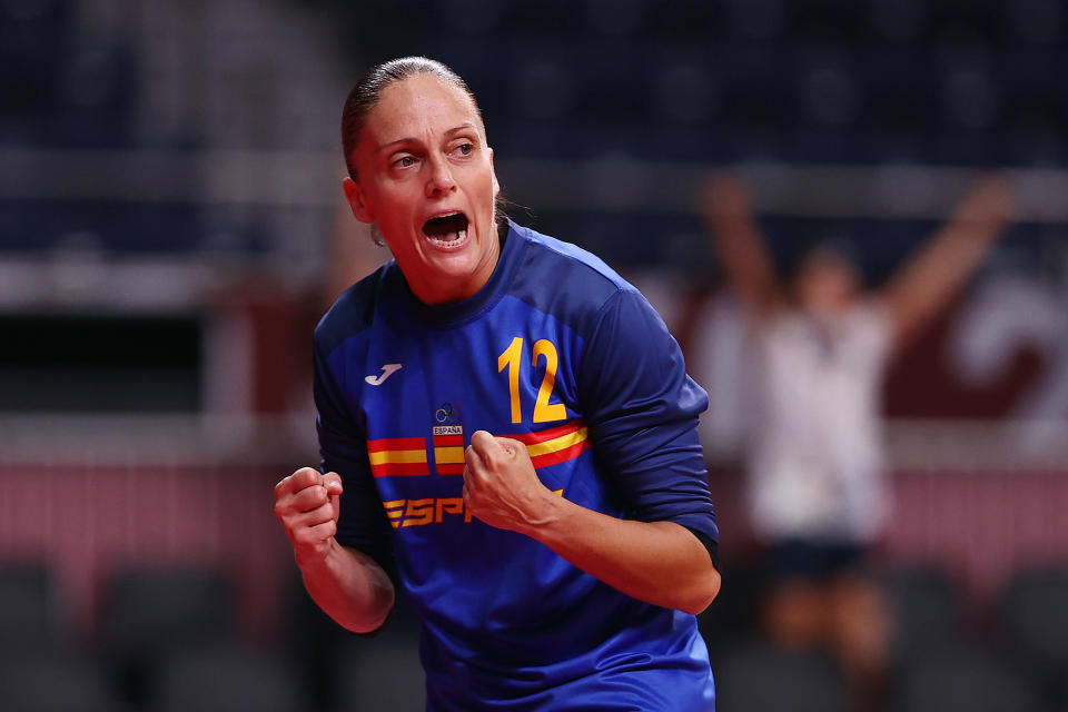 TOKYO, JAPAN - JULY 29: Silvia Navarro Gimenez of Team Spain celebrates after making a save during the Women's Preliminary Round Group B handball match between Spain and Brazil on day six of the Tokyo 2020 Olympic Games at Yoyogi National Stadium on July 29, 2021 in Tokyo, Japan. (Photo by Dean Mouhtaropoulos/Getty Images)