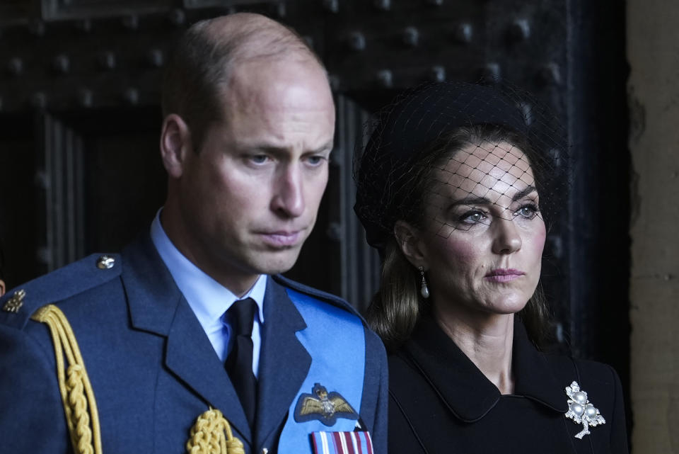 FILE - Britain's Prince William and Kate, Princess of Wales leave after they paid their respects to Queen Elizabeth II in Westminster Hall for the Lying-in State, in London, Wednesday, Sept. 14, 2022. (AP Photo/Emilio Morenatti, File)