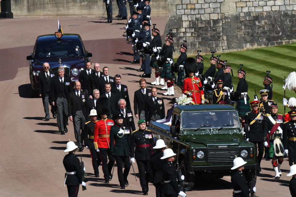 WINDSOR, ENGLAND - APRIL 17: Princess Anne, Princess Royal, Prince Charles, Prince of Wales, Prince Andrew, Duke of York, Prince Edward, Earl of Wessex, Prince William, Duke of Cambridge, Peter Phillips, Prince Harry, Duke of Sussex, Earl of Snowdon David Armstrong-Jones and Vice-Admiral Sir Timothy Laurence follow Prince Philip, Duke of Edinburgh's coffin during the Ceremonial Procession during the funeral of Britain's Prince Philip, Duke of Edinburgh in Windsor Castle on April 17, 2021 in Windsor, United Kingdom. Prince Philip of Greece and Denmark was born 10 June 1921, in Greece. He served in the British Royal Navy and fought in WWII. He married the then Princess Elizabeth on 20 November 1947 and was created Duke of Edinburgh, Earl of Merioneth, and Baron Greenwich by King VI. He served as Prince Consort to Queen Elizabeth II until his death on April 9 2021, months short of his 100th birthday. His funeral takes place today at Windsor Castle with only 30 guests invited due to Coronavirus pandemic restrictions. (Photo by Jeremy Selwyn-WPA Pool/Getty Images)