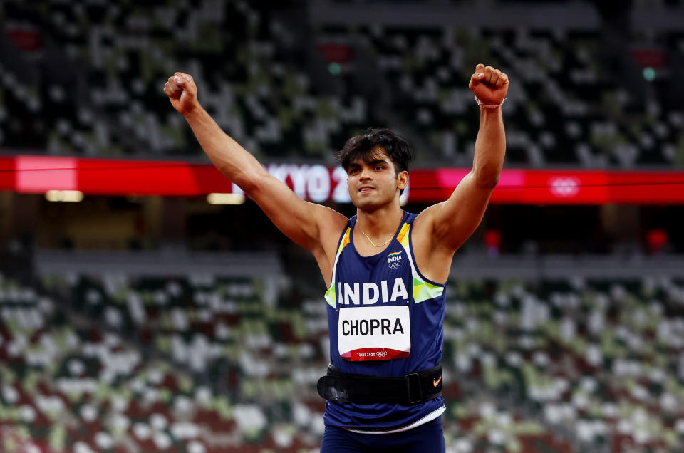 Tokyo 2020 Olympics - Athletics - Men's Javelin Throw - Final - Olympic Stadium, Tokyo, Japan - August 7, 2021. Neeraj Chopra of India celebrates winning gold REUTERS/Kai Pfaffenbach