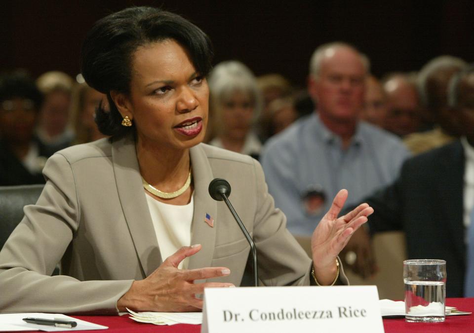 National Security Adviser Condoleezza Rice testifies at a 9/11 Commission hearing on April 8, 2004, in Washington, DC.