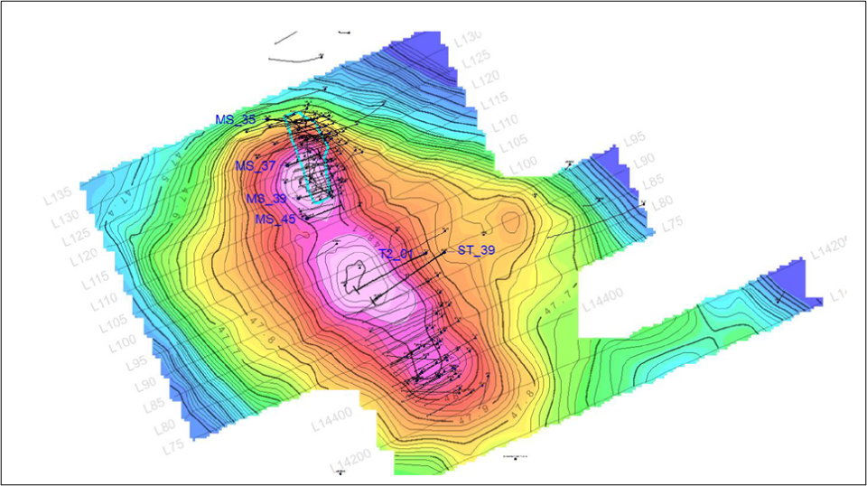 <strong>Figure 4 -</strong> Bouguer Gravity map of Lagoa Salgada showing the gravity anomalies in relation to the drilling. The known VMS deposit is outlined in light blue.