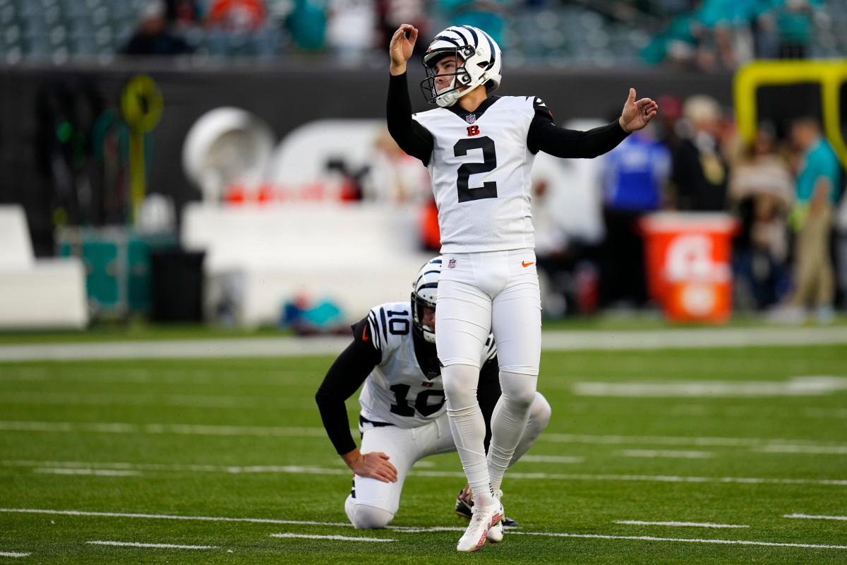 Cincinnati Bengals kicker Evan McPherson (2) talks to long snapper Clark  Harris (46) during an NFL football game against the Pittsburgh Steelers,  Sunday, Nov. 28, 2021, in Cincinnati. (AP Photo/Emilee Chinn Stock Photo -  Alamy