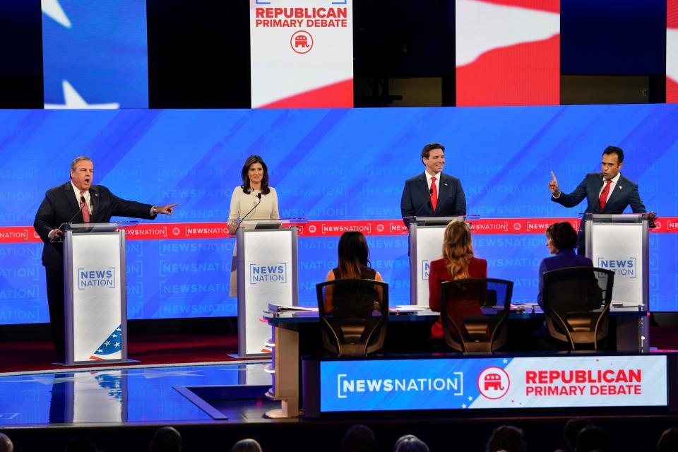 December 6, 2023: Businessperson Vivek Ramaswamy (right) and former New Jersey Gov. Chris Christie (left) talk over each other as former South Carolina Gov. Nikki Haley and Florida Gov. Ron DeSantis listen during the fourth Republican Presidential Primary Debate presented by NewsNation at the Frank Moody Music Building University of Alabama.