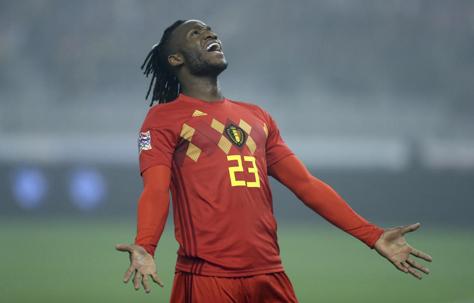 Belgium's Michy Batshuayi yells in frustration after missing a shot on goal during the UEFA Nations League soccer match between Belgium and Iceland at the King Baudouin stadium in Brussels, Thursday, Nov. 15, 2018. (AP Photo/Francisco Seco)