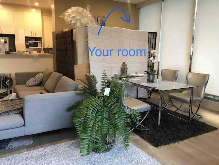 A boxed off area saying "Your room"