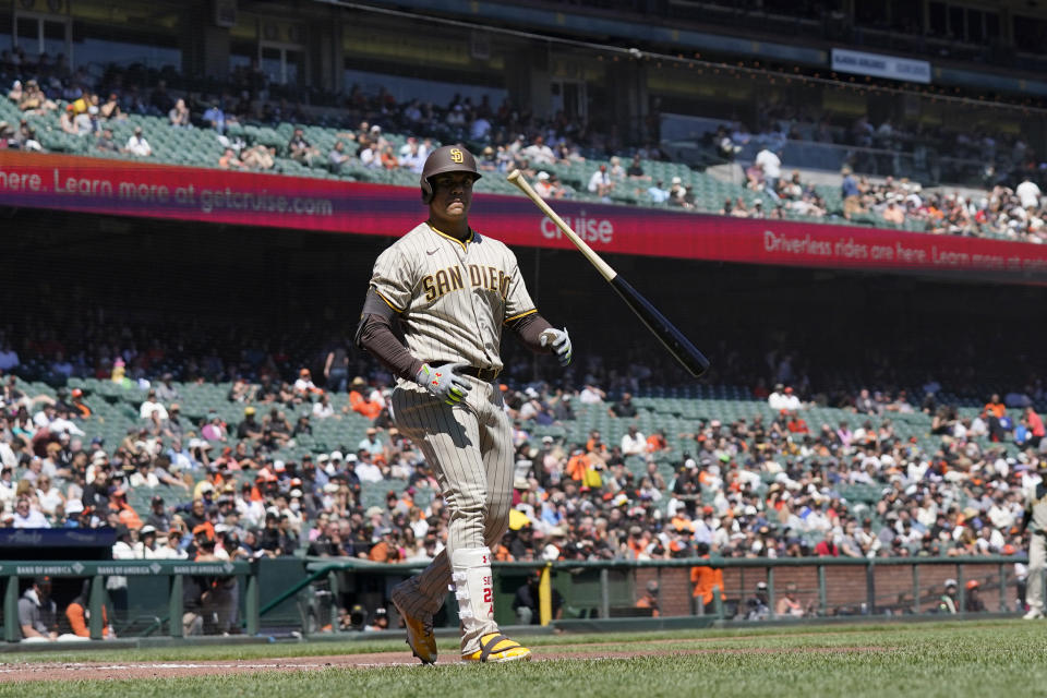 San Diego Padres' Juan Soto tosses his bat after drawing a walk against the San Francisco Giants during the fourth inning of a baseball game in San Francisco, Wednesday, Aug. 31, 2022. (AP Photo/Jeff Chiu)