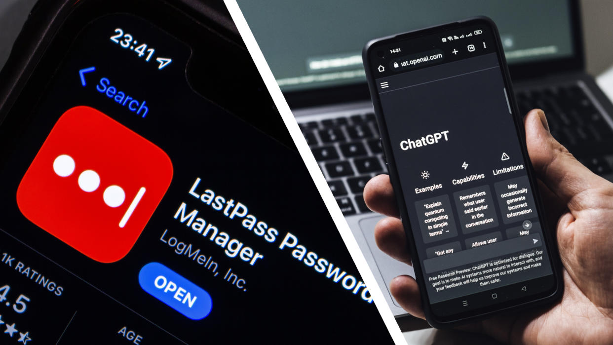  A phone showing Lastpass in the App Store and a hand holding a phone showing the ChatGPT app. 