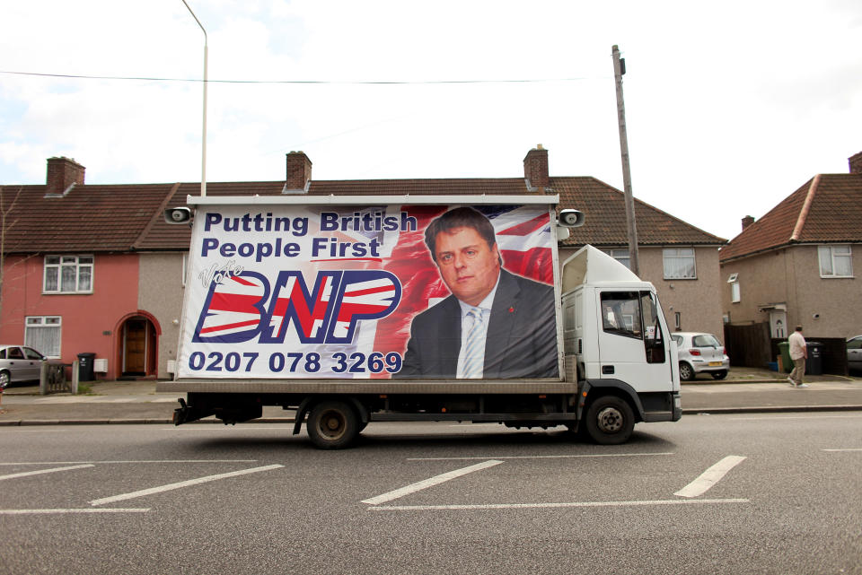 Image: A truck displays a poster encouraging voters to support the British National Party (BNP) in Dagenham, U.K. (Oli Scarff / Getty Images file)