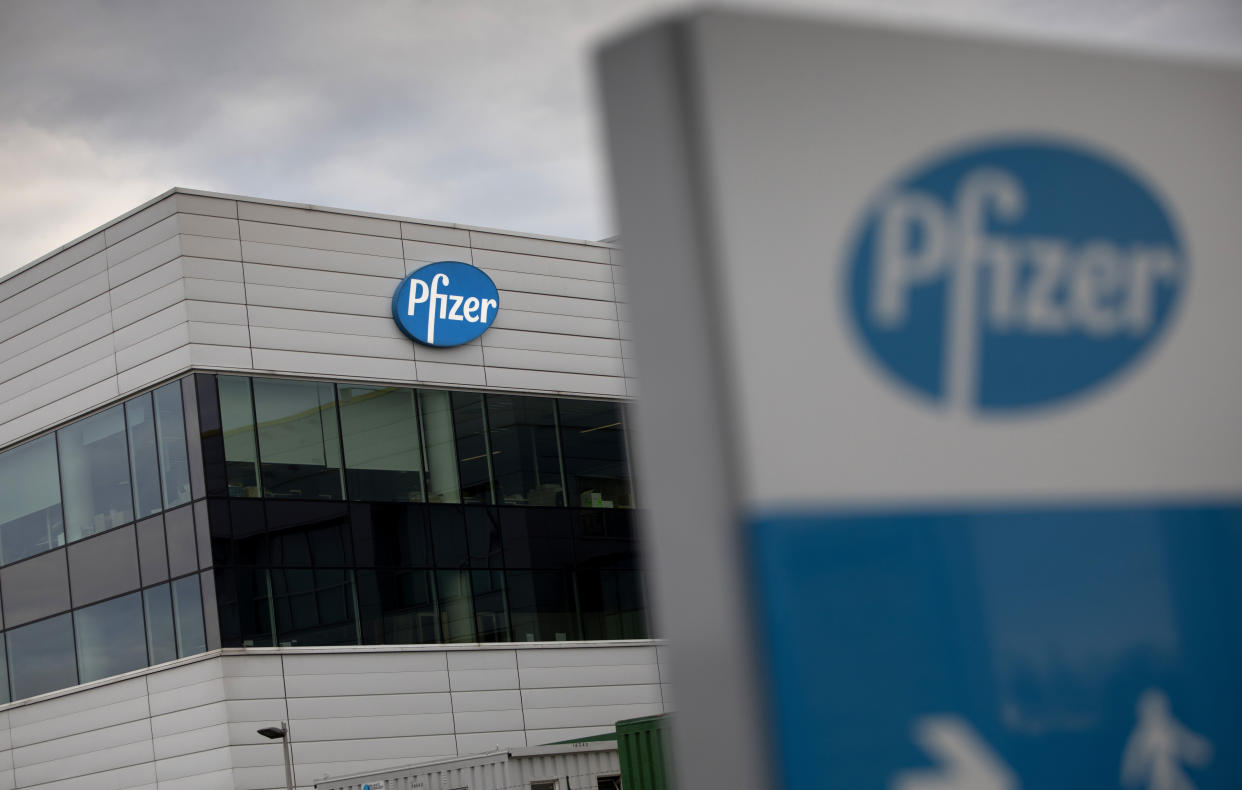 FILE - In this Nov. 9, 2020, file photo, a general view of Pfizer Manufacturing Belgium in Puurs, Belgium. Pfizer and BioNTech say they&#39;ve won permission Wednesday, Dec. 2, 2020, for emergency use of their COVID-19 vaccine in Britain, the world’s first coronavirus shot that’s backed by rigorous science -- and a major step toward eventually ending the pandemic.(AP Photo/Virginia Mayo, File)