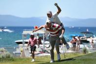 <p>Travis Kelce and Patrick Mahomes of the Kansas City Chiefs react to a tee shot on the 17th hole during round two of the American Century Championship at Edgewood Tahoe South golf course in July 2020.</p>