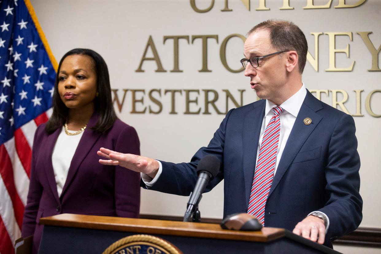 U.S. Attorney General for the Western District of Tennessee Kevin Ritz answers questions from the press as Assistant U.S. Attorney General Kristen Clarke, head of the Department of Justice’s civil rights division, looks on during a press conference announcing that an indictment is pending in federal court for the five now-former Memphis police officers involved in the Tyre Nichols case in Memphis, Tenn., on Tuesday, September 12, 2023.