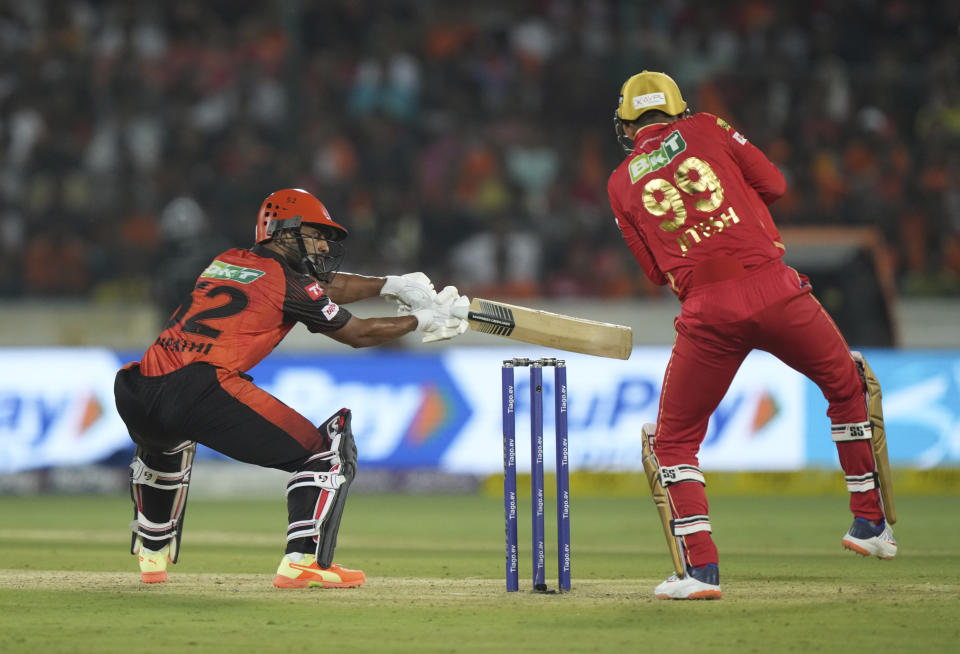 Sunrisers Hyderabad's Rahul Tripathi plays a shot during the Indian Premier League (IPL) match between Sunrisers Hyderabad and Punjab Kings in Hyderabad, India, Sunday, April 9, 2023. (AP Photo/Mahesh Kumar A.)