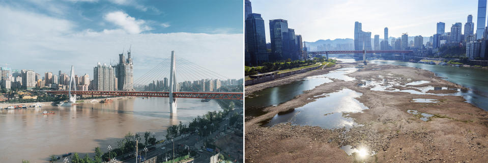 Dongshuimen Bridge in Chongqing, China, on July 17, 2018, left, and August 18, 2022. (Imaginechina via AP Images; VCG via Getty Images)