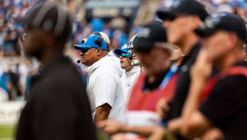 BYU coach Kalani Sitake on the sidelines during game against the Southern Utah Thunderbirds at LaVell Edwards Stadium in Provo on Saturday, Sept. 9, 2023. The Cougars are on a bye week as they prepare for road game against TCU on Oct. 14.