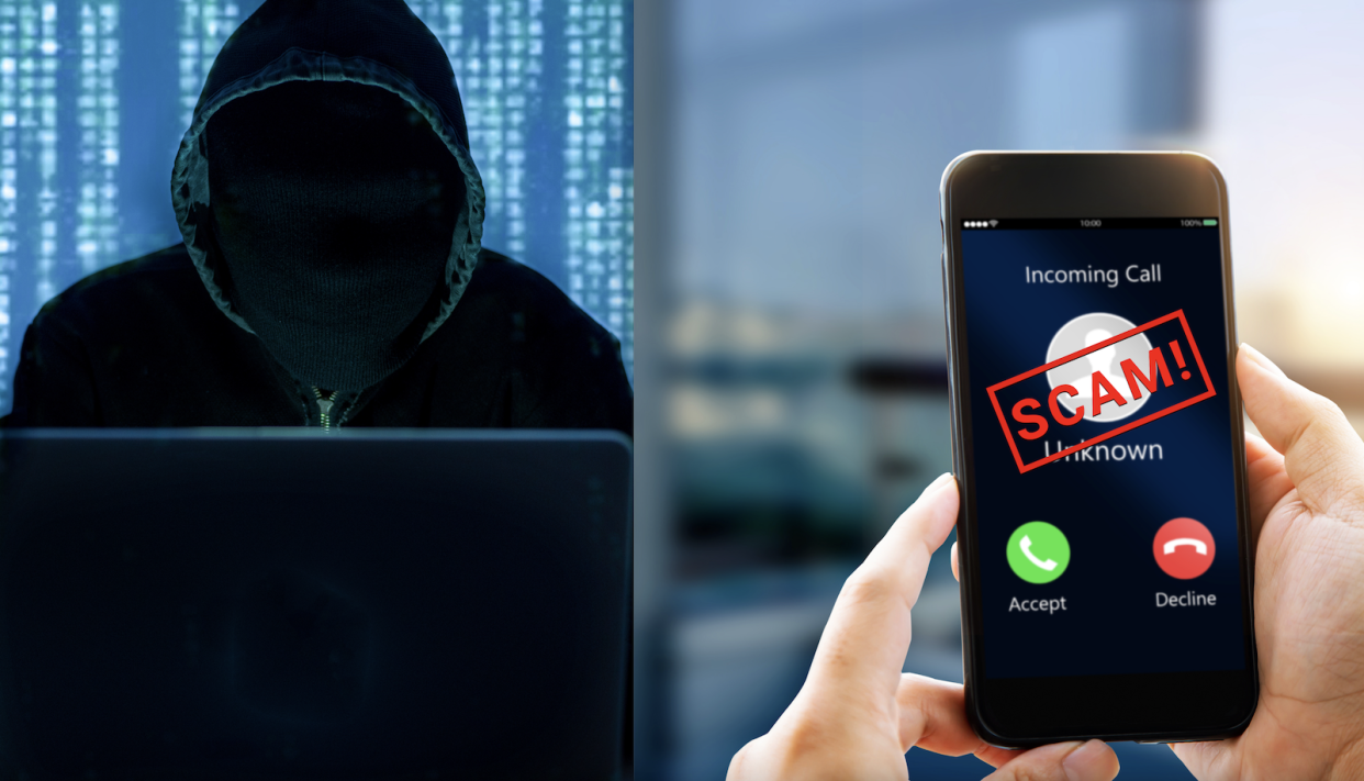 A composite image of a computer hacker and a phone with a scam call.