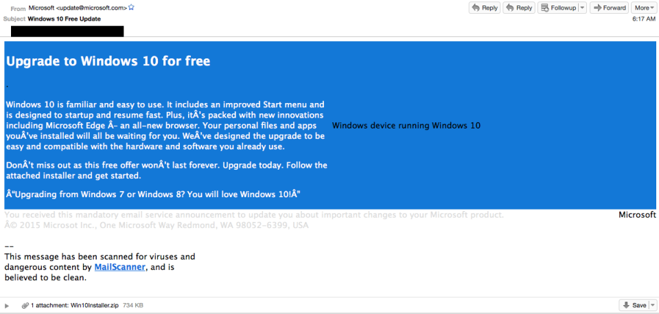 Windows 10 Scam Email