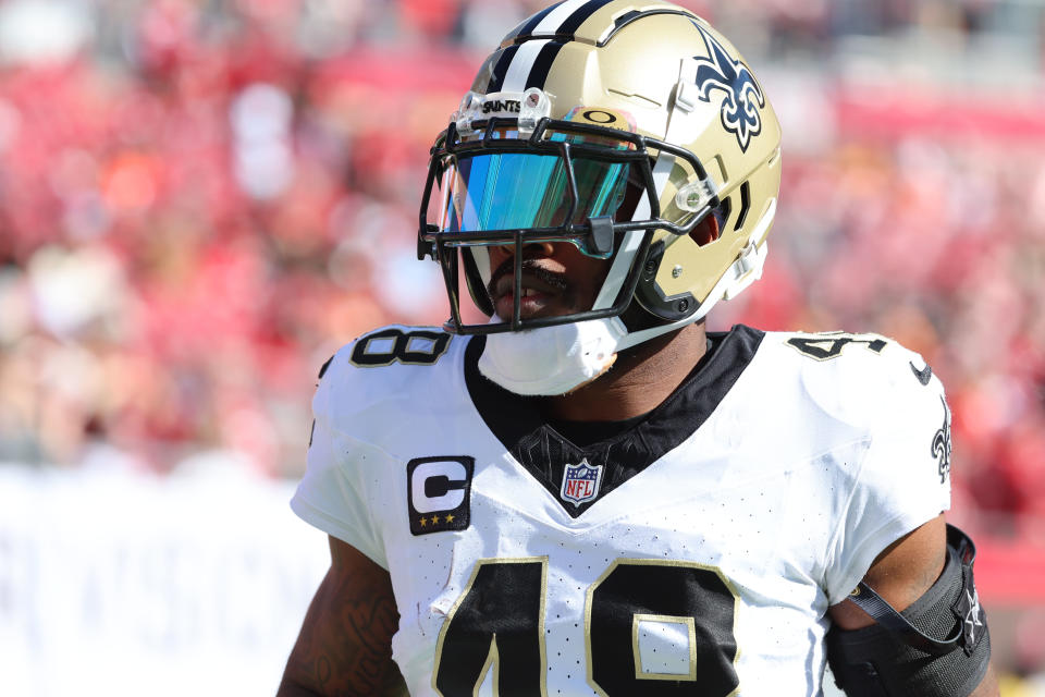 Dec 31, 2023; Tampa, Florida, USA; New Orleans Saints safety J.T. Gray (48) against the Tampa Bay Buccaneers prior to the game at Raymond James Stadium. Mandatory Credit: Kim Klement Neitzel-USA TODAY Sports