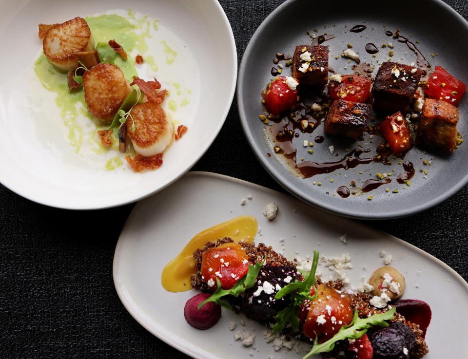 Three starters at Horizons Modern Kitchen + Wine Bar include scallops, pork belly and a beetroot salad.