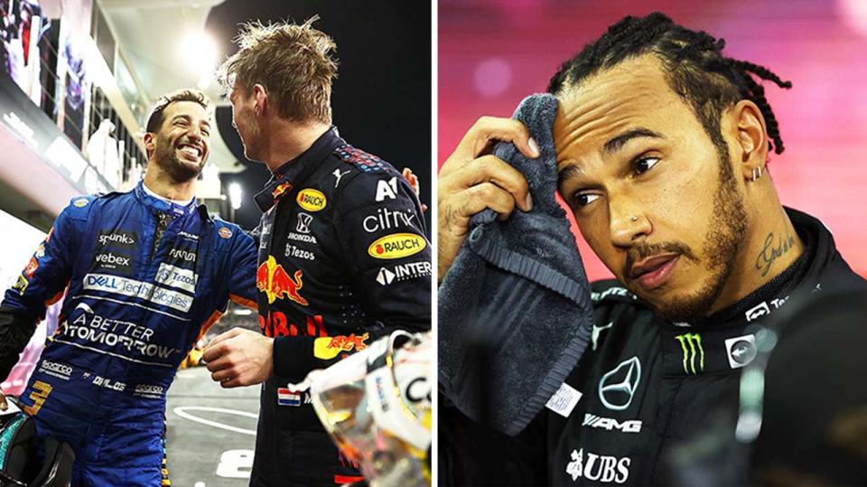 McLaren driver Daniel Ricciardo (pictured left) congratulating winner Max Verstappen (pictured middle ) and (pictured right) Lewis Hamilton cooling down.