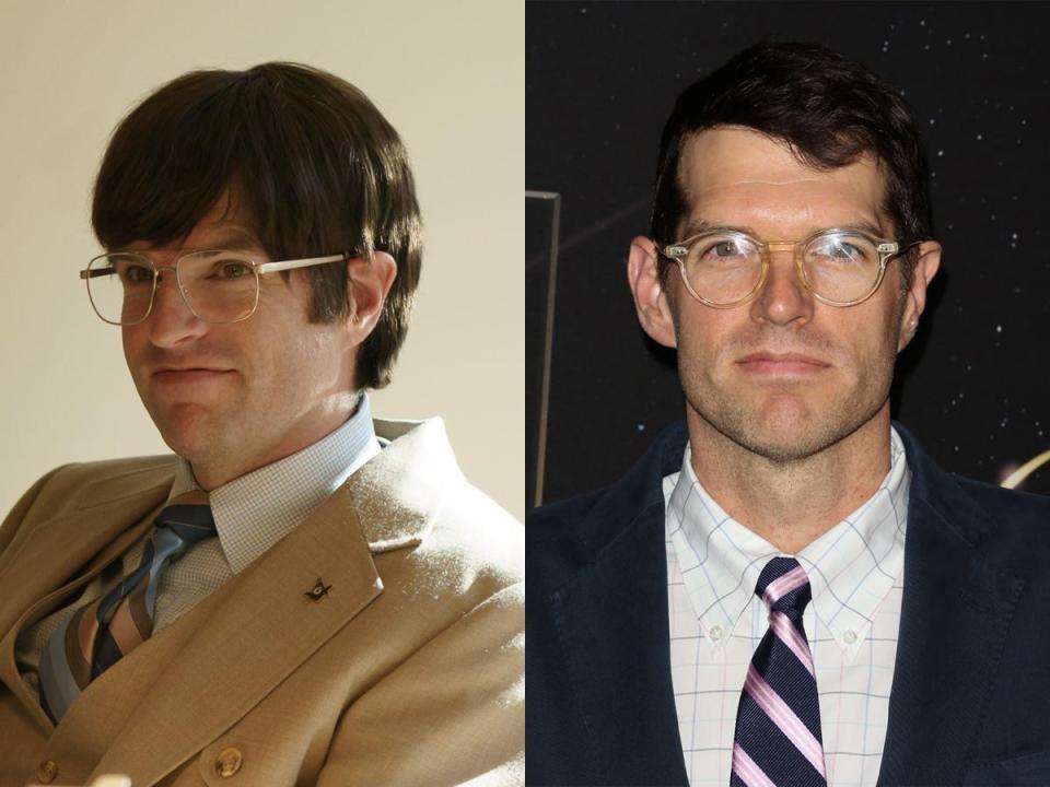 Timothy Simons as Pat Montgomery on Hulu's "Candy," left; right, in 2020.