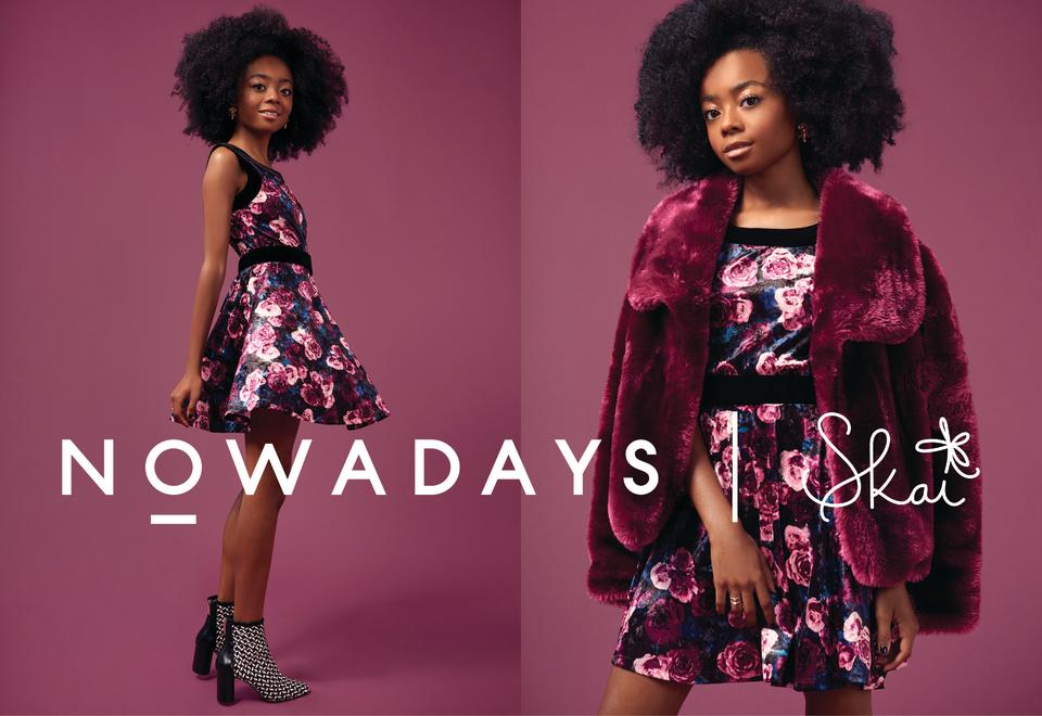 Skai Jackson mixes feminine with edgy details in this floral dress, faux fur coat and ankle bootie ensemble. (Photo courtesy of Nowadays)