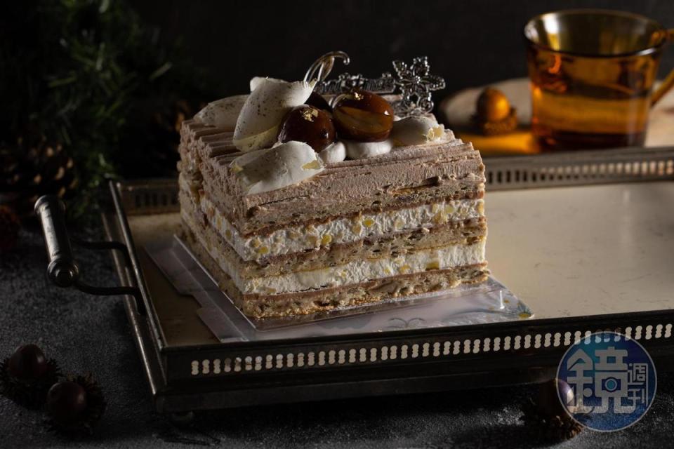 「秋栗滋心」將台南東山的柴燒桂圓融入栗子蛋糕中，增添口感與香氣。（700元／6吋、170元／片）