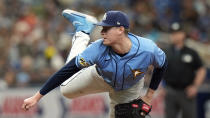 Tampa Bay Rays' Pete Fairbanks follows through on a pitch to the Chicago White Sox during the ninth inning of a baseball game Sunday, April 23, 2023, in St. Petersburg, Fla. (AP Photo/Chris O'Meara)