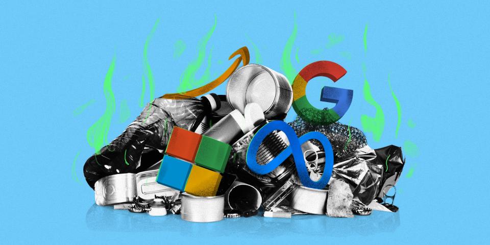 Amazon, Google, Microsoft, and Meta logos among a pile of trash on a blue background