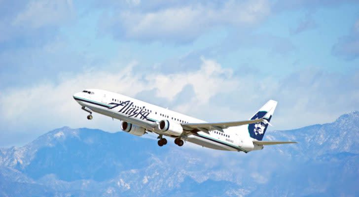 Alaska Airlines (ALK) aircraft is airborne as it departs Los Angeles International Airport