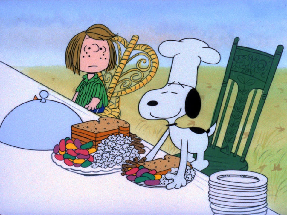 In the 1973 special "A Charlie Brown Thanksgiving," Charlie Brown wants to do something special for the gang. However the dinner he arranges is a disaster when caterers Snoopy and Woodstock prepare toast and popcorn as the main dish. Humiliated, it will take all of Marcie's persuasive powers to salvage the holiday for Charlie Brown.