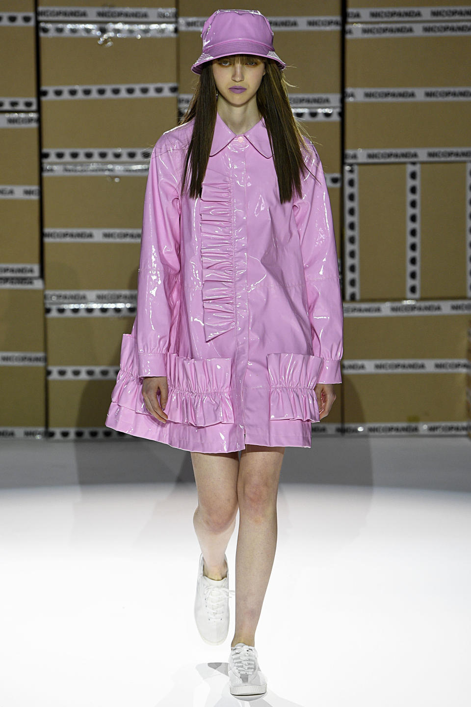 <p>Nicopanda showed its debut collection in London this season and demonstrated how to wear head-to-toe patent pink in the process. <em>[Photo: PA]</em> </p>