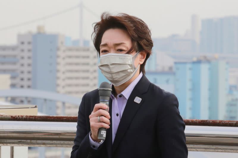 Seiko Hashimoto, President of the Tokyo 2020 Organizing Committee of the Olympic and Paralympic Games, speaks during her visits at Tsukiji Depot, Tokyo