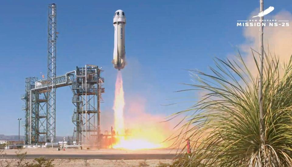 This screen grab taken from a Blue Origin broadcast shows the Mission NS-25, with the New Shepard 4 rocket and crew capsule, taking off from the Blue Origin base near Van Horn, Texas, on May 19, 2024.