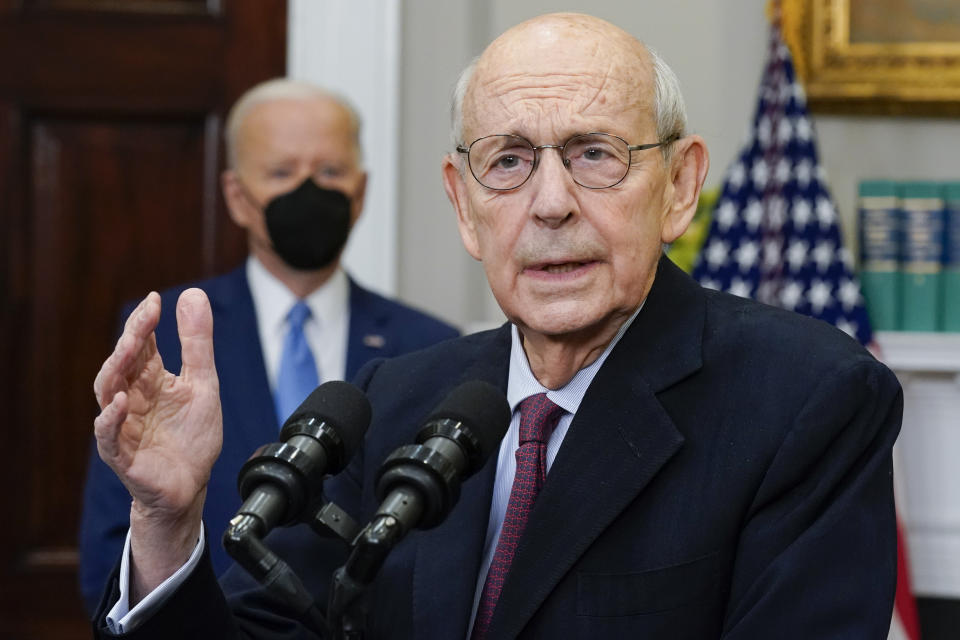 FILE - President Joe Biden listens as Supreme Court Associate Justice Stephen Breyer announces his retirement in the Roosevelt Room of the White House in Washington, Jan. 27, 2022. Breyer said in a letter to President Joe Biden that his retirement will take effect on Thursday, June 30, at noon, after nearly 28 years on the nation’s highest court. (AP Photo/Andrew Harnik, File)