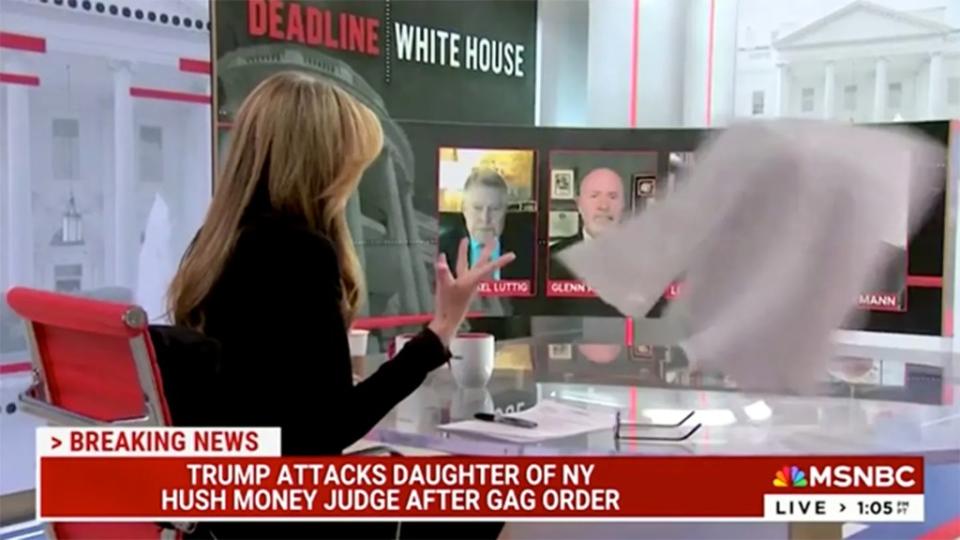 Nicolle Wallace threw her script off to the side live on air out of frustration at the threats from Trump and his supporters faced by judges and their families. Screenshot/MSNBC