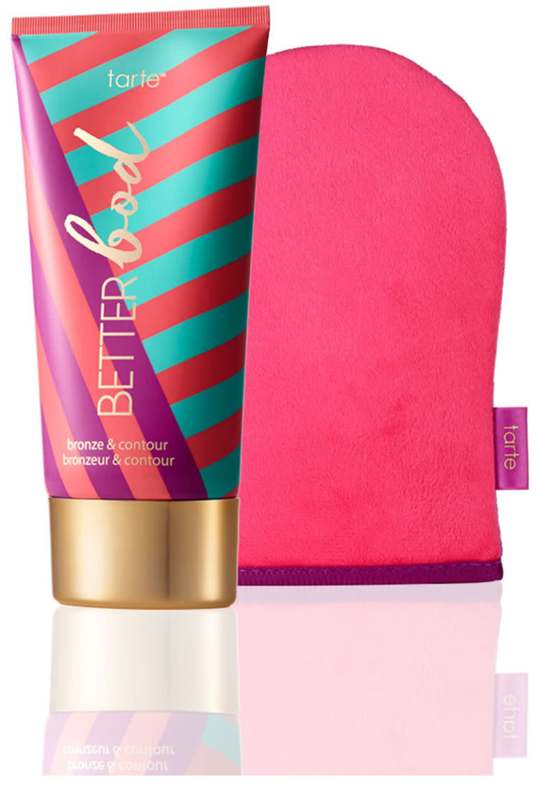 <p>To avoid staining silks or light-colored clothing, tanning expert James Read recommends applying the product with a mitt to get a fine layer. "Wait a few minutes, then pat the skin with a [clean and dry] buffing mitt or tissue. Then get dressed."</p><p><strong>Tarte</strong> Better Bod Bronze & Contour, $39, <a rel="nofollow noopener" href="http://www.sephora.com/better-bod-bronze-contour-mitt-P407617" target="_blank" data-ylk="slk:sephora.com;elm:context_link;itc:0;sec:content-canvas" class="link ">sephora.com</a>.</p>