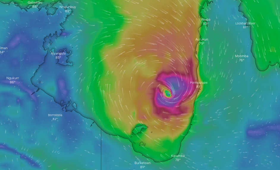 The cyclone is predicted to be a category four by the time it approaches land through the night. Source: Windy