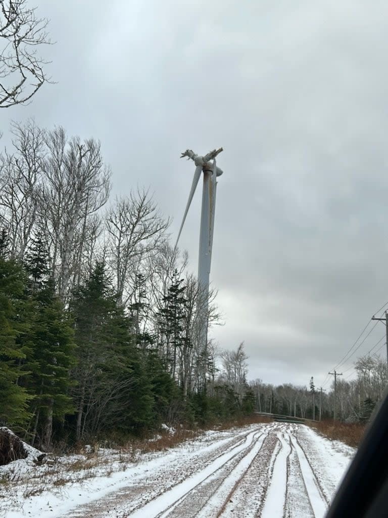 One of the wind turbines in Hermanville, P.E.I., had two of its blades torn off by recent strong winds. (Submitted by the Department of Environment, Energy and Climate Action - image credit)