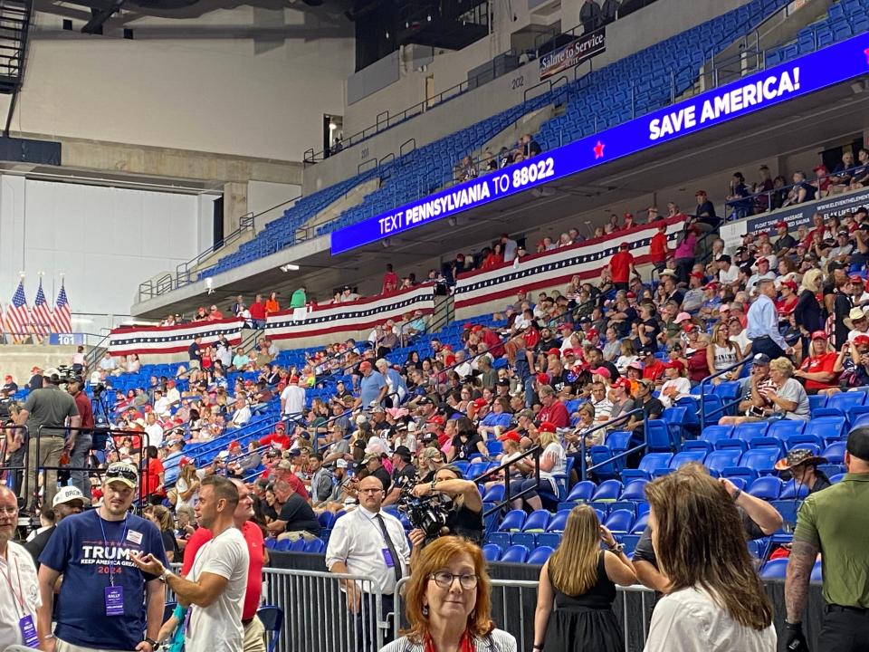Crowds filed in to Mohegan Sun Arena at Casey Plaza in northeast Pennsylvania Saturday, Sept. 3, 2022, ahead of Donald Trump's first rally since the FBI raided Mar-A-Lago.