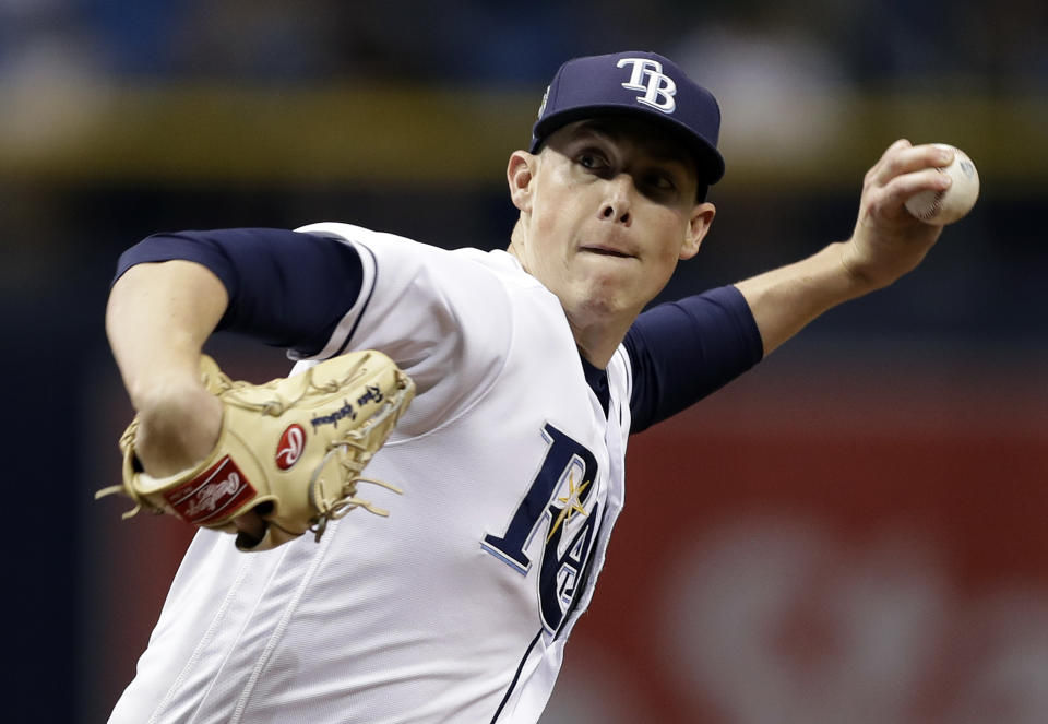 Tampa Bay Rays pitcher Ryan Yarbrough delivers to the Oakland Athletics during the third inning of a baseball game Friday, Sept. 14, 2018, in St. Petersburg, Fla. (AP Photo/Chris O'Meara)