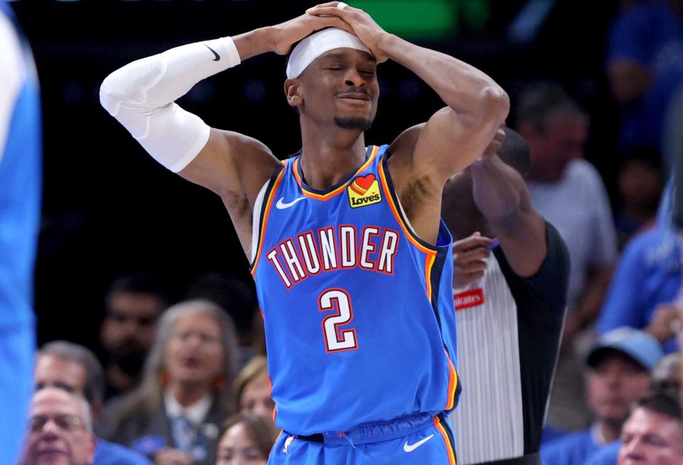 Oklahoma City Thunder guard Shai Gilgeous-Alexander (2) reacts after a miss shot in the second half of Game 2 of the Western Conference semifinals NBA playoff game between the Oklahoma City Thunder and the Dallas Mavericks at Paycom Center in Oklahoma City, Thursday, May, 9, 2024.