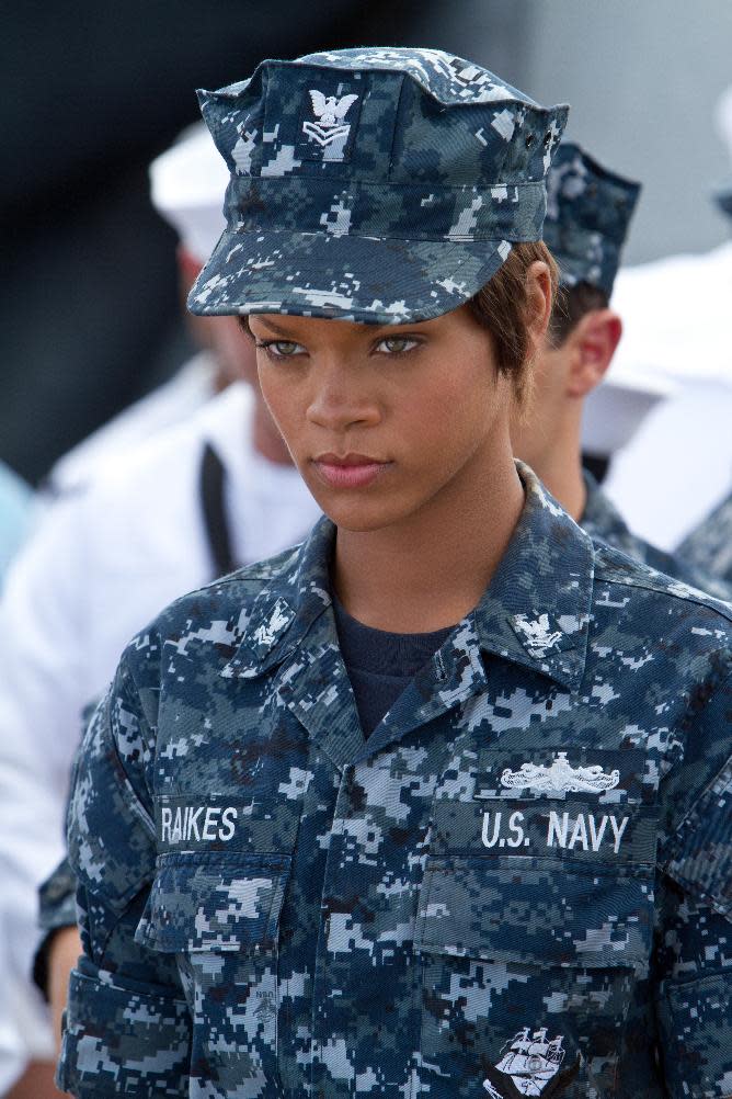 FILE- In this file film image provided by Universal Pictures, Rihanna is shown in a scene from "Battleship." On Saturday, Feb. 23, 2013, at the 33rd Annual Razzie Awards, Rihanna was awarded worst supporting actress for “Battleship.” (AP Photo/Universal Pictures, File)