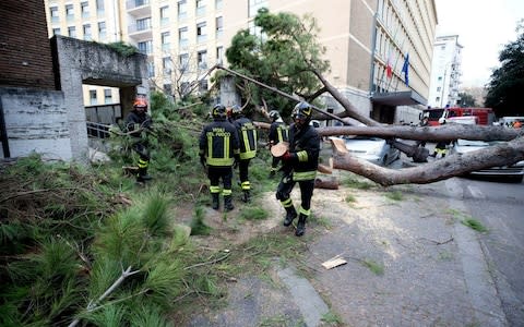 Italian firefighters with cars that were badly damaged by a fallen pine tree in Rome in February 2019 - Credit: Massimo Percossi/Ansa
