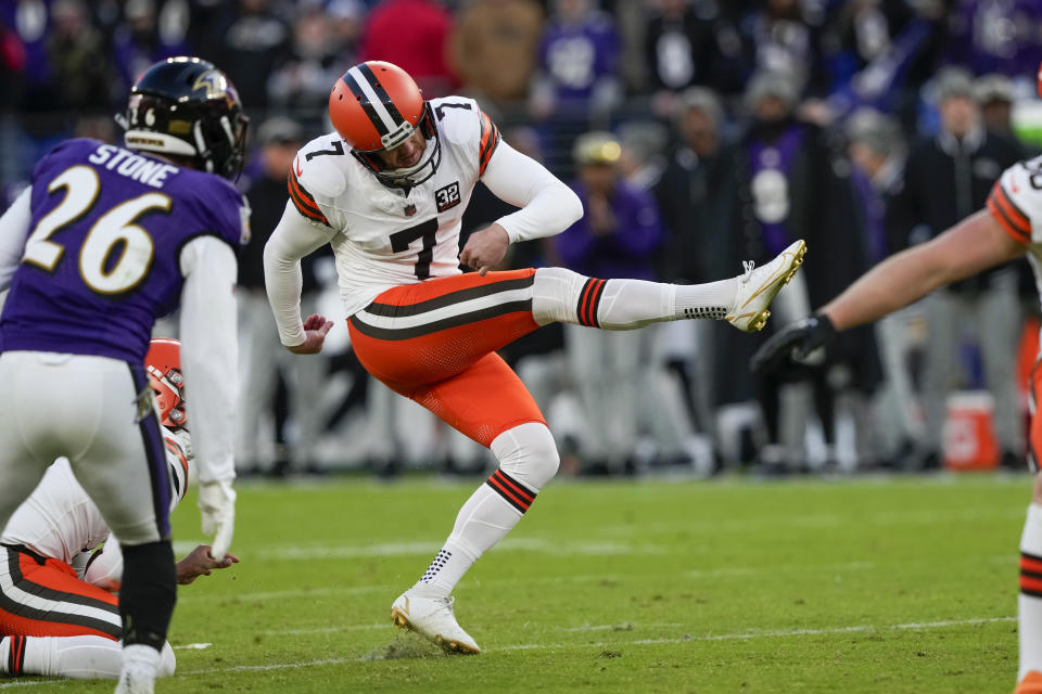 Cleveland Browns place-kicker Dustin Hopkins kicks the game winning field goal against the Baltimore Ravens during the second half on an NFL football game Sunday, Nov. 12, 2023, in Baltimore. (AP Photo/Susan Walsh)