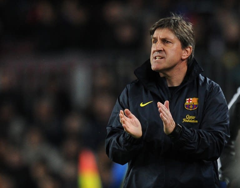 Barcelona assistant manager Jordi Roura is pictured during their Spanish league match against Rayo Vallecano on March 17, 2013. "(Lionel Messi and David Villa) complement each other and we are very happy that they understand each other so well," Roura said