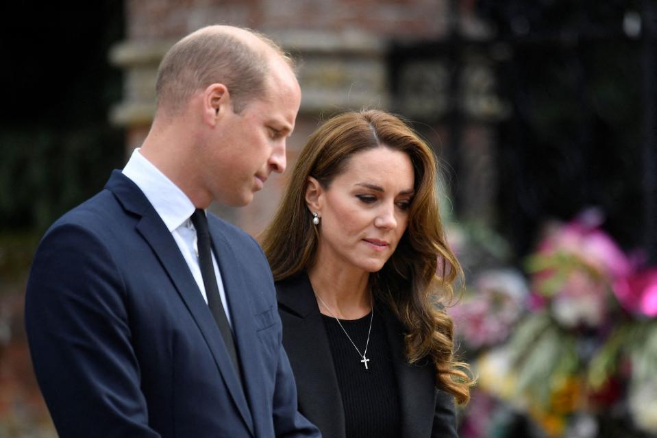 Prince William, Prince of Wales, and Catherine, Princess of Wales, traveled to the royal country estate of Sandringham in Norfolk, on Sept. 15, 2022, to view the carpet of flowers and greet well-wishers outside the Norwich Gate, after the death of Queen Elizabeth II.