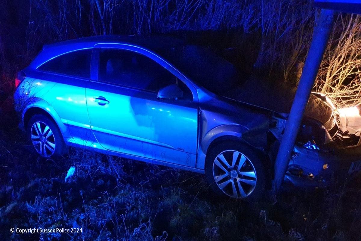 Blayze McKane's car crashed into a road sign on the A27 <i>(Image: Sussex Police)</i>
