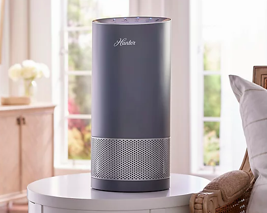 Hunter air purifier in gray on side table in living room